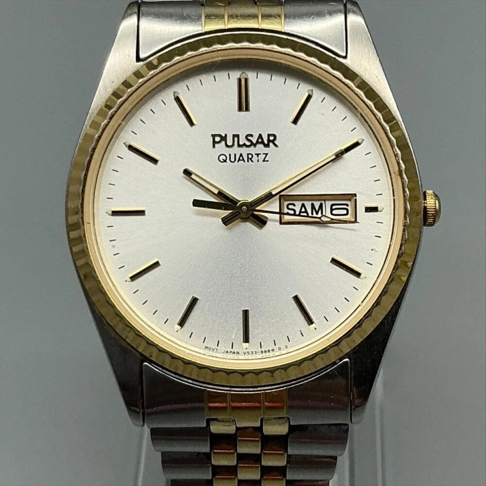 Pulsar Mens Watch 34mm Silver Dial Two Tone Stainless Day Date New Battery 6.5